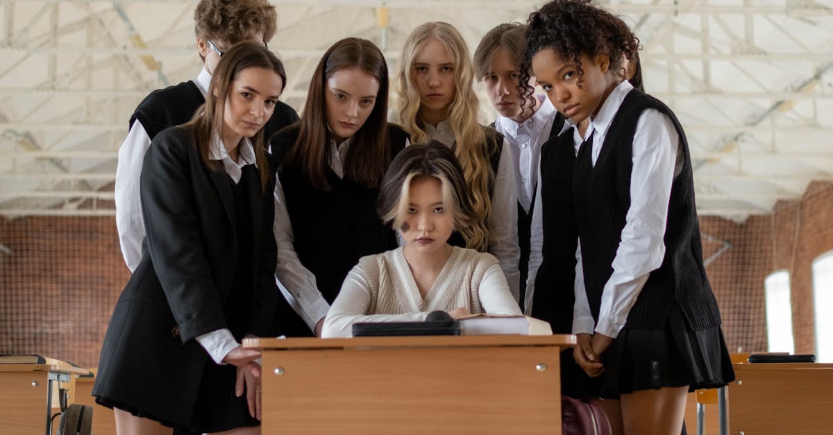 Group of students in uniform showing bullying in a classroom setting.